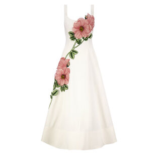 Sleeveless Peony Embroidered Stretch Cotton Fluid Midi Dress