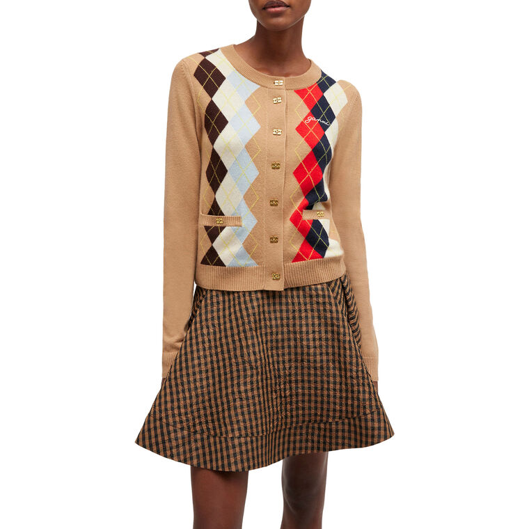 Long Sleeve Cashmere-Wool Mix Argyle Cardigan image number null