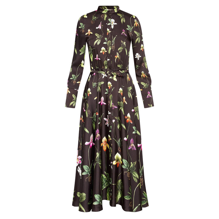 Long Sleeve Button Front Orchid Silk Twill Midi Dress image number null