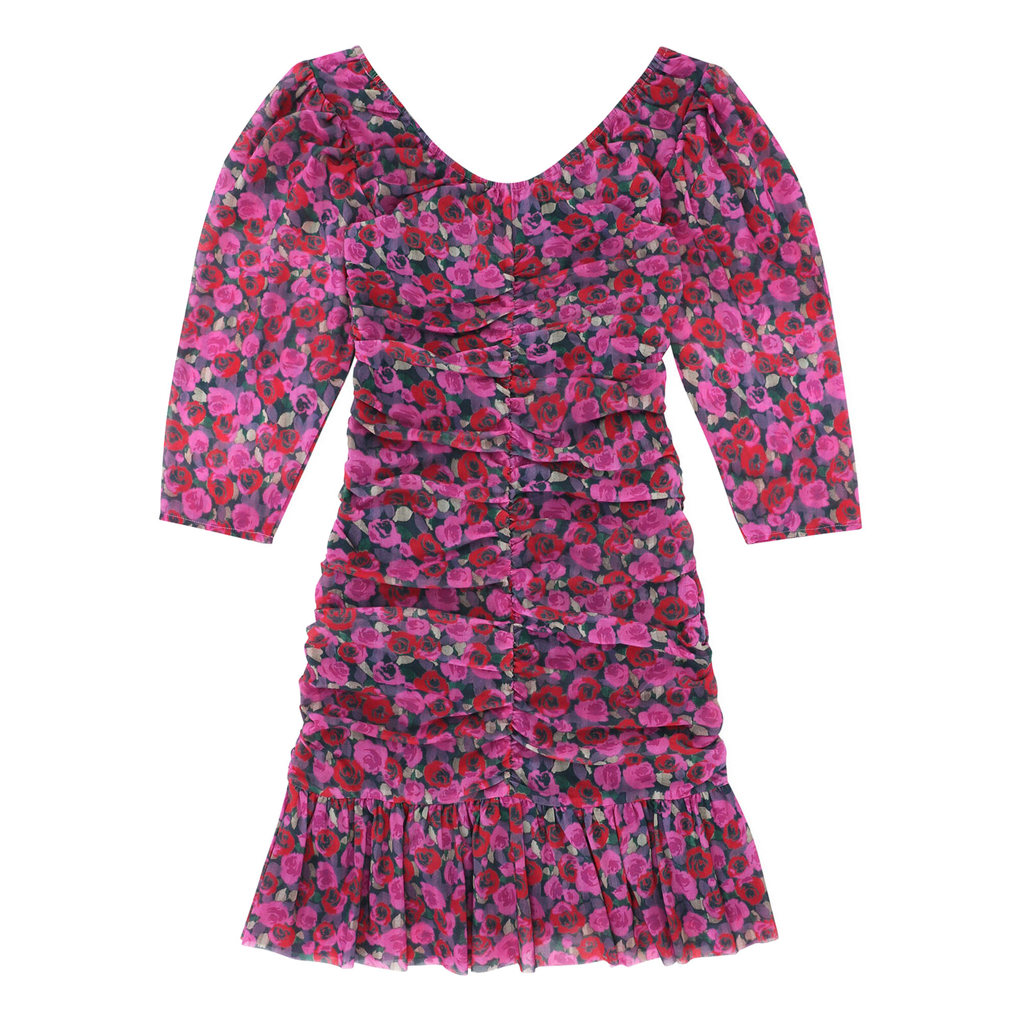 Floral Mesh Flounce Ruched Mini Dress