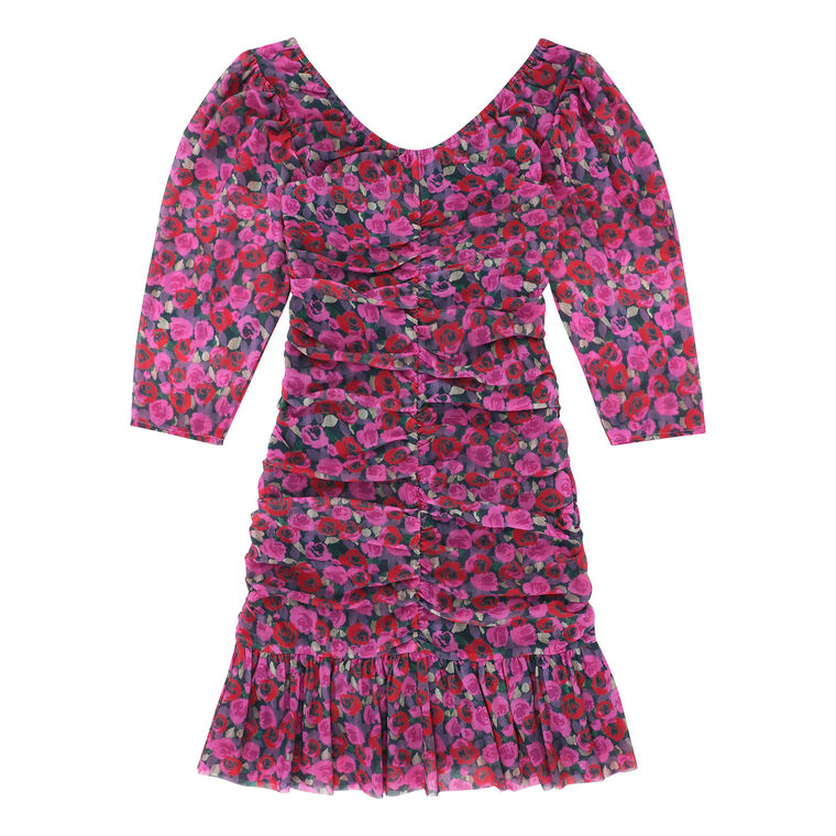 Floral Mesh Flounce Ruched Mini Dress image number null