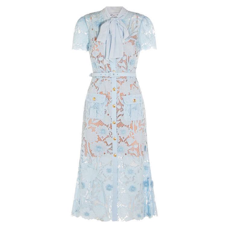 Short Sleeve Lace Tie Neck Belted Midi Dress image number null