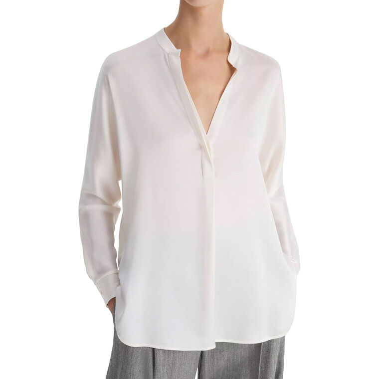 Long Sleeve Silk Satin Band-Collar Blouse image number null