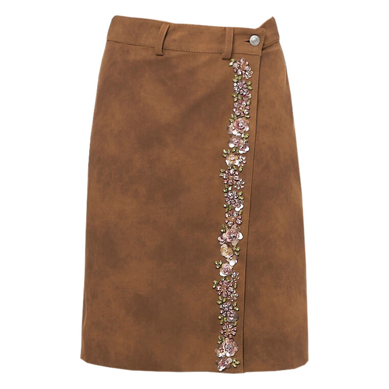 Embroidered Faux Suede Wrap Skirt image number null