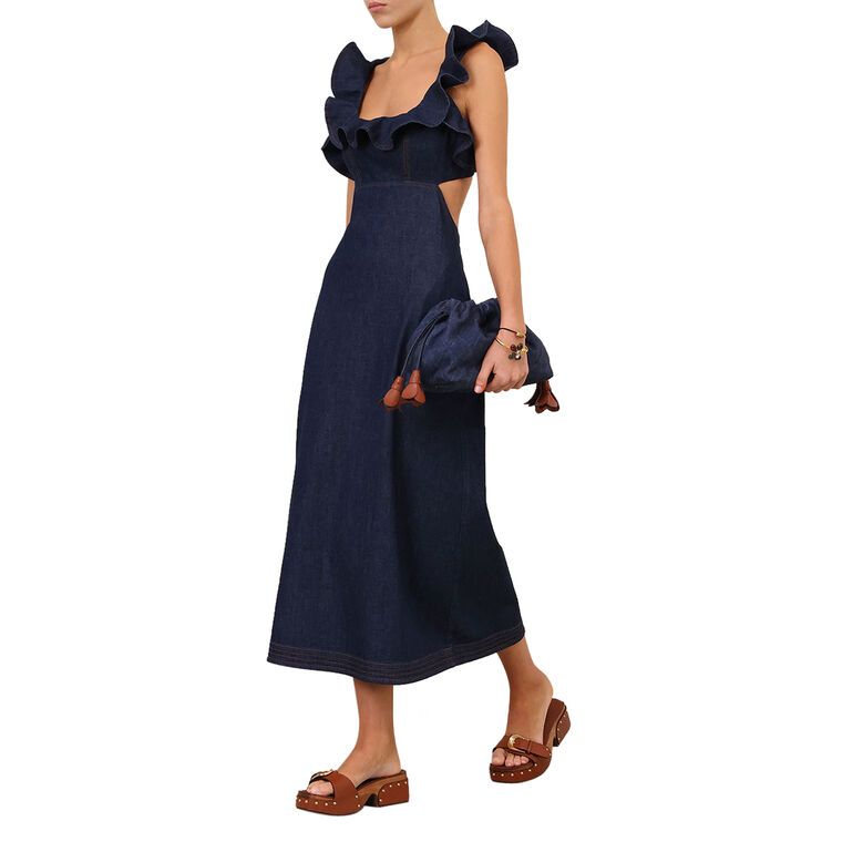 Aster Sleeveless Denim Frill Midi Dress image number null