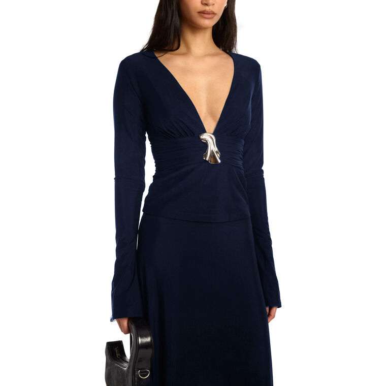 Plunging V-Neck Flared Sleeve Top With Brooch Detail image number null