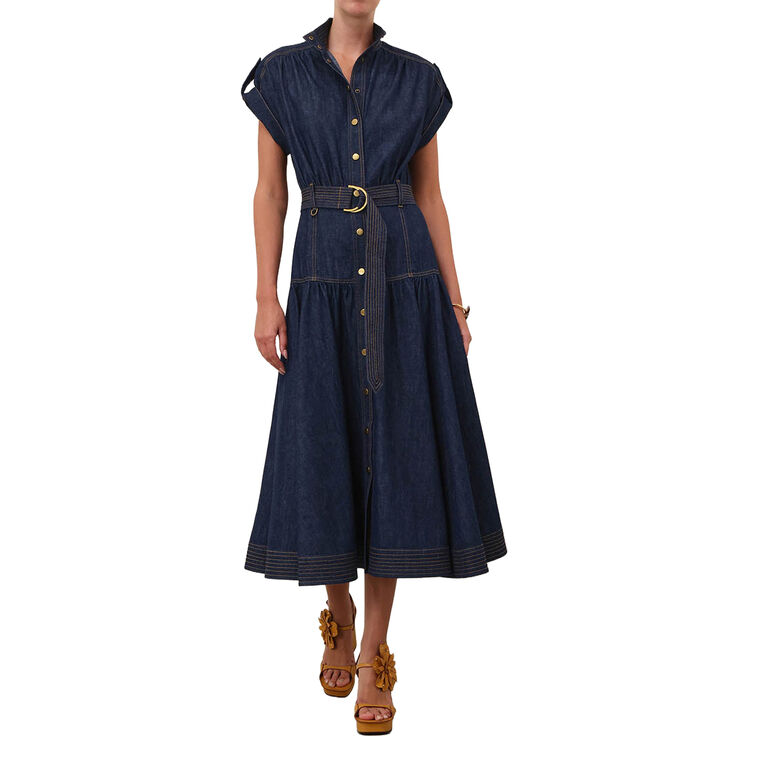 Short Sleeve Belted Denim Midi Dress image number null