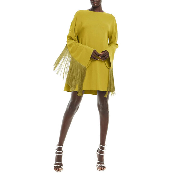 Crepe Shift Dress With Fringe image number null