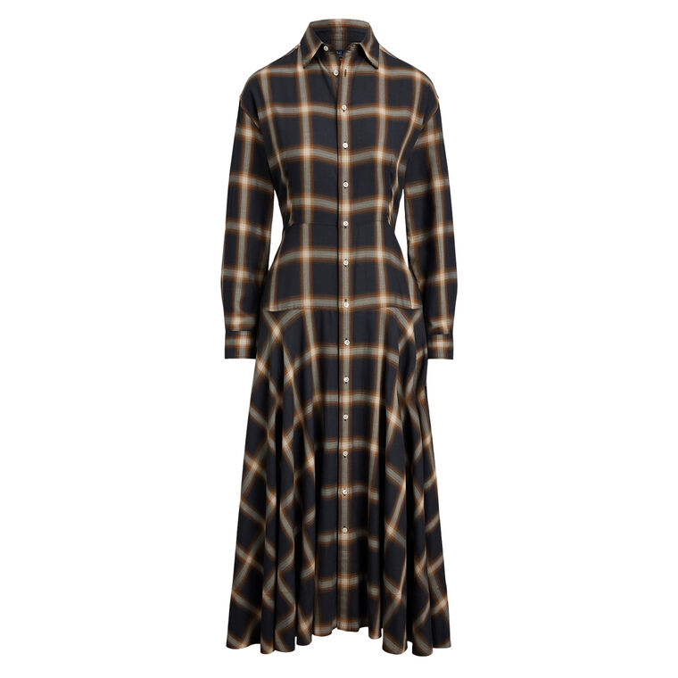 Plaid Twill Paneled Midi Shirtdress image number null