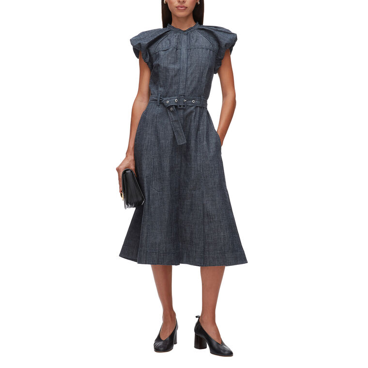 Denim Shirting Puff Sleeve Belted Midi Dress image number null