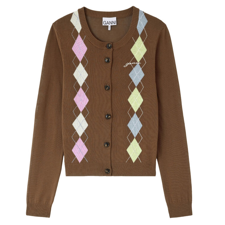 Long Sleeve Light Cotton Argyle Cardigan image number null