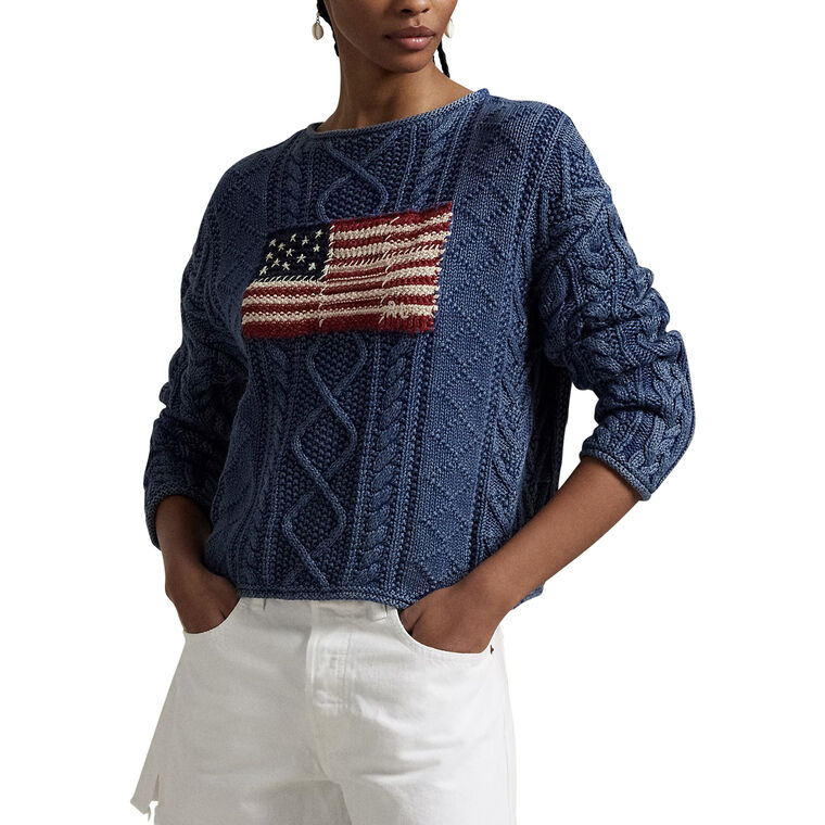 Flag Aran-Knit Cotton Sweater image number null
