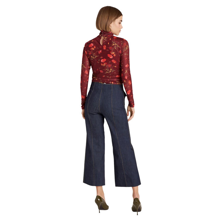 Falling Poppies Shirred Mesh Turtleneck Top image number null