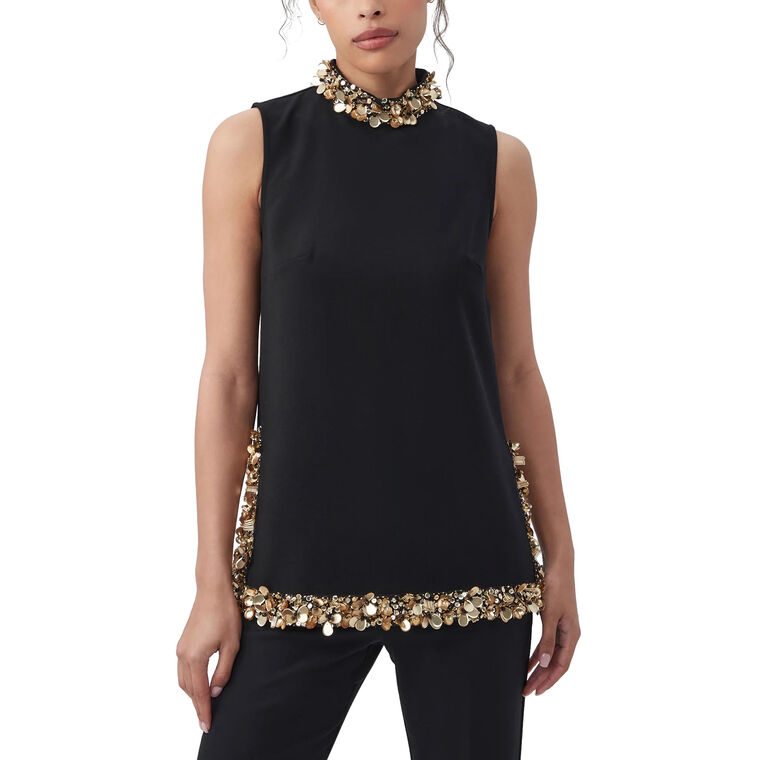 Wonderous 2 Sleeveless Mock Neck Tunic Top With Gold Beading image number null