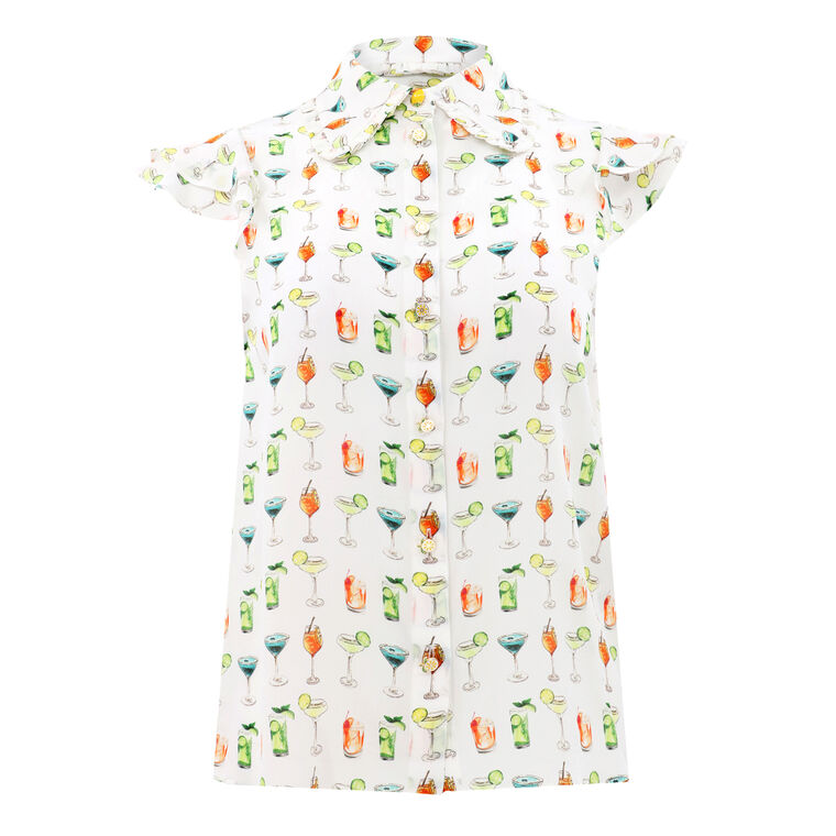 Martel Cocktail Print Flutter Sleeve Silk Blouse image number null