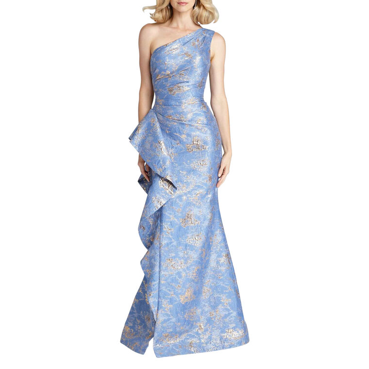 Jacquard One Shoulder Side Ruffle Gown image number null