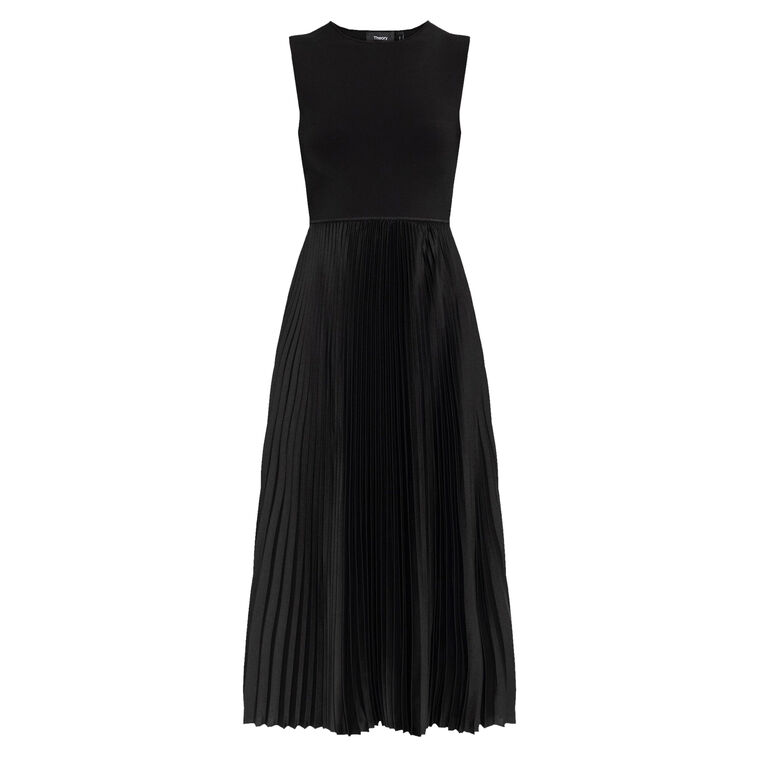 Pleated Satin Combo Crewneck Midi Dress image number null