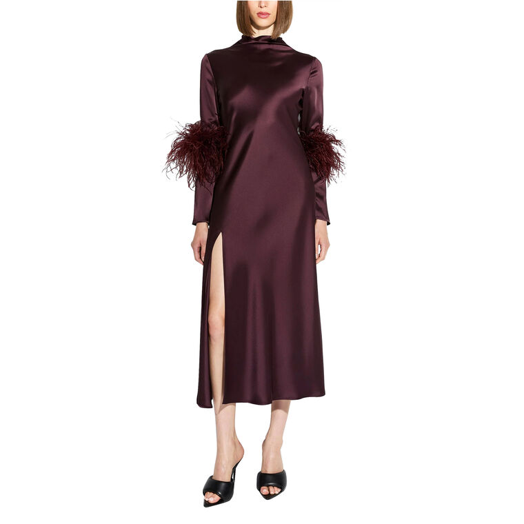 Satin Draped Neck Bias Dress With Feathers image number null