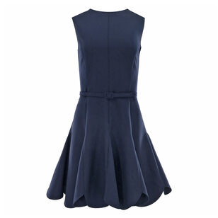 Stretch-Wool Scalloped-Hem Belted Mini Dress