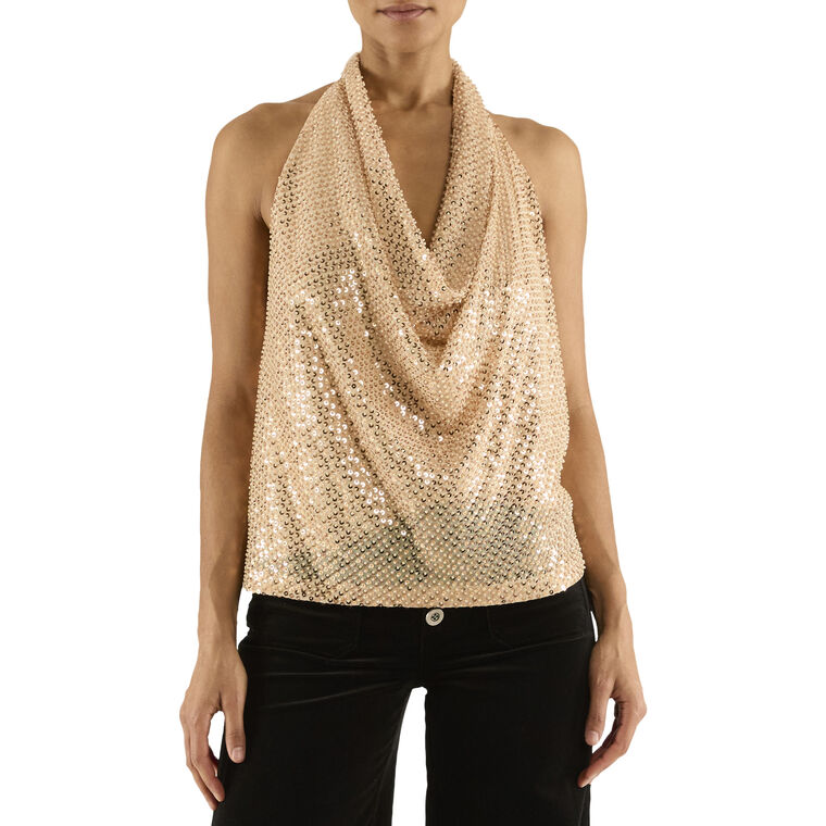 Alice Beaded Sequin Cowl Neck Halter Top image number null