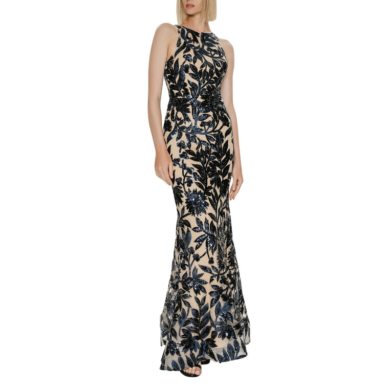 Floral Sequin Embroidered Halter Tulle Gown image number null