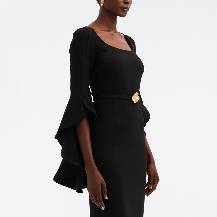 Scoop-Neck Ruffle Belted Crepe Midi Dress image number null