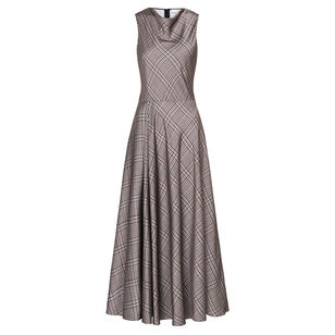Pressed Plaid Sleeveless Cowl Neck Midi Dress