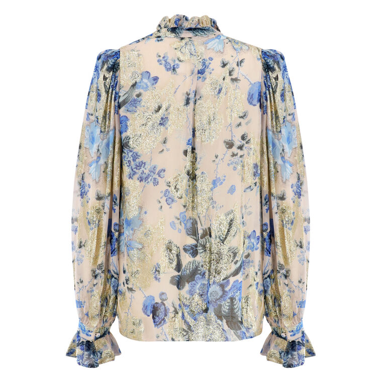 Josie Metallic Floral Ruffle Button-Up Shirt image number null