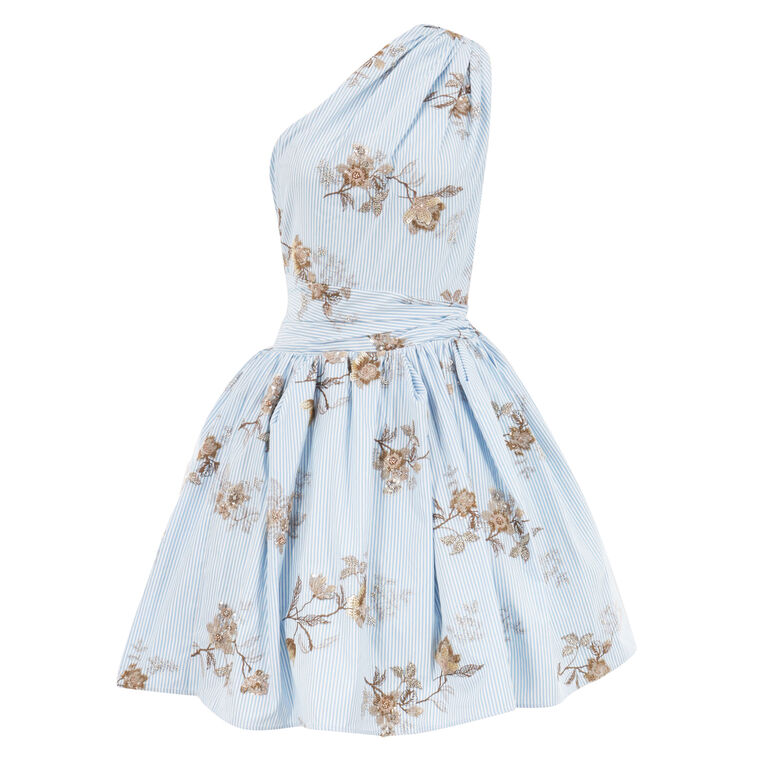 Paula One-Shoulder Floral-Embroidered Striped Poplin Mini Dress image number null