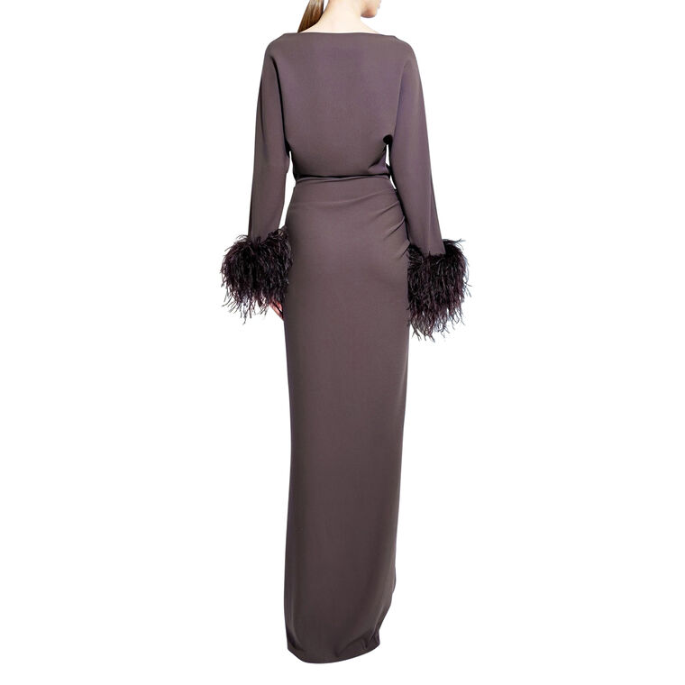 Stretch Drape Crepe Off The Shoulder Dress With Feathers image number null