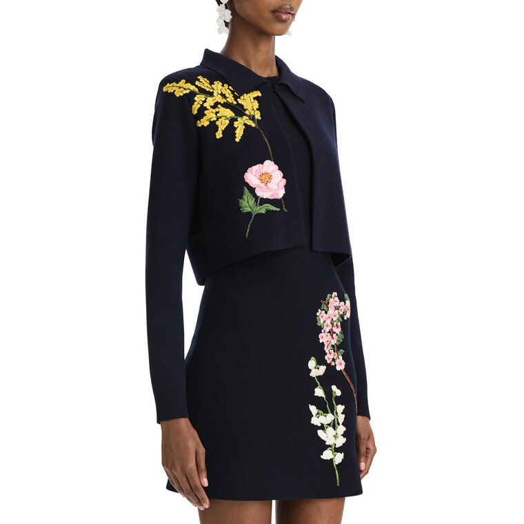 Long Sleeve Floral Embroidered Collared Knit Cropped Jacket image number null