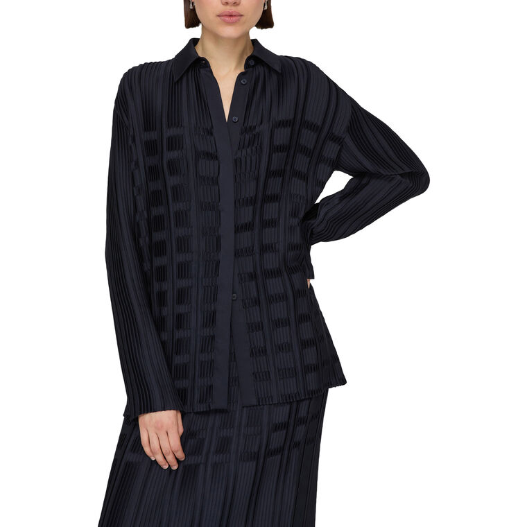 Recycled Satin Basketweave Plisse Long Sleeve Blouse image number null