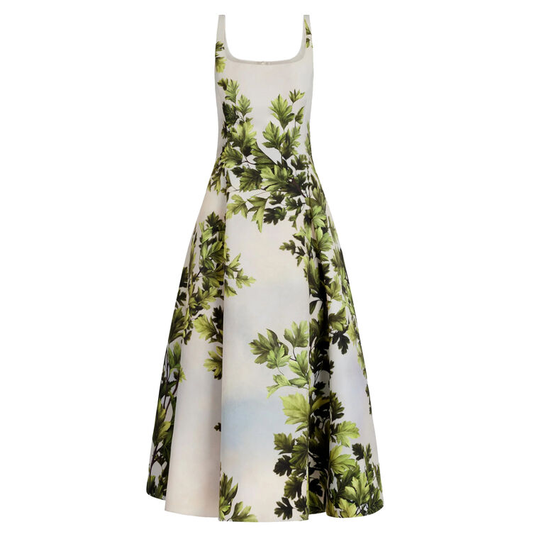 Sleeveless Scoop Neck Maple Leaves Faille Midi Dress image number null