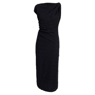 Astra Short Sleeve Ruched Asymmetric Midi Dress In Stretch Lace