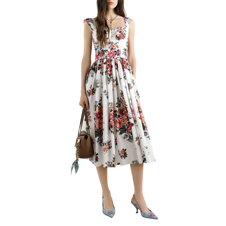 Sleeveless Flower Bouquet-Print Cotton Midi Dress image number null