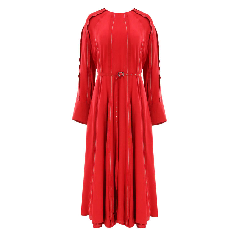 Raspberry Long Sleeve Handkerchief Hem Midi Dress image number null