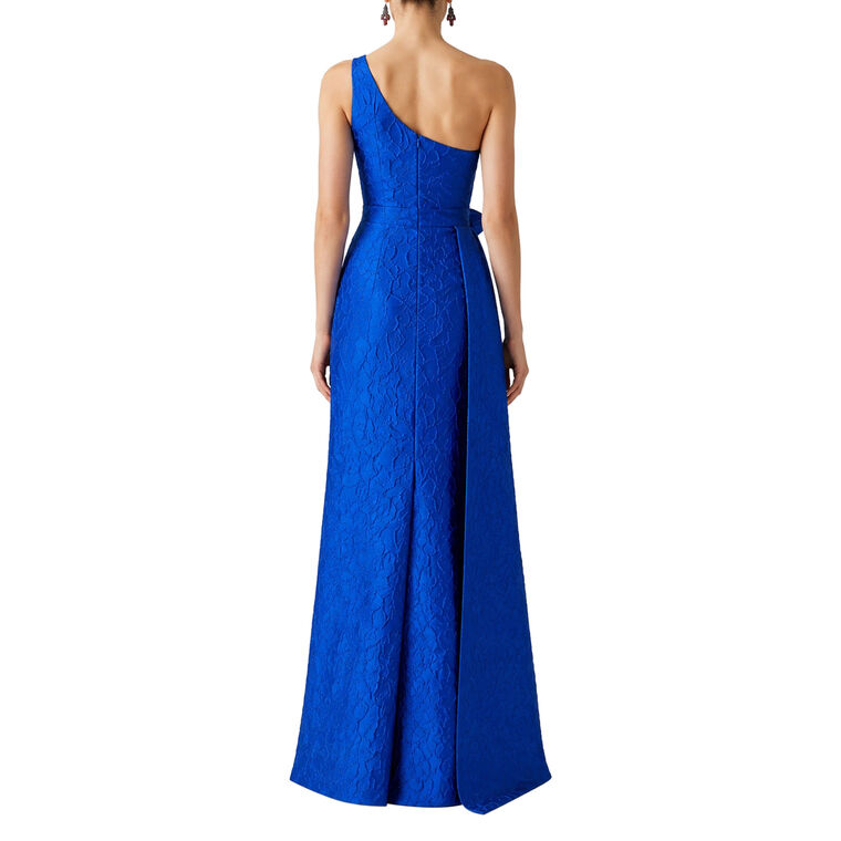 One Shoulder Draped Bow Tonal Jacquard Gown image number null