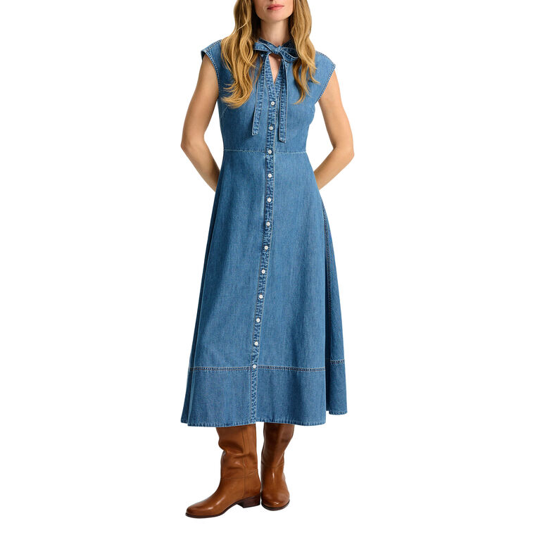 Honora Sleeveless Denim Button-Down Midi Shirt Dress image number null