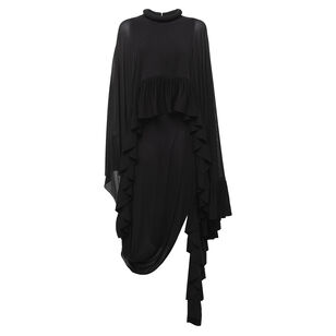 Cape Draped Jersey Dress With Asymmetrical Split And Ruffles