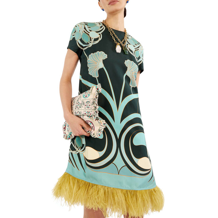 Short Sleeve Mini Swing Dress With Feather Trim image number null