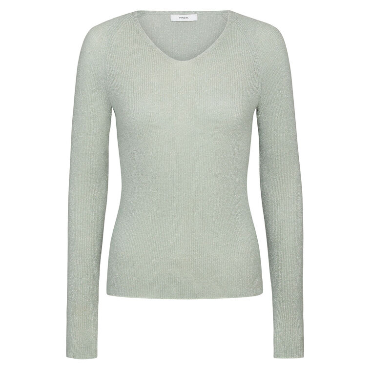 Metallic Ribbed High V-Neck Sweater image number null