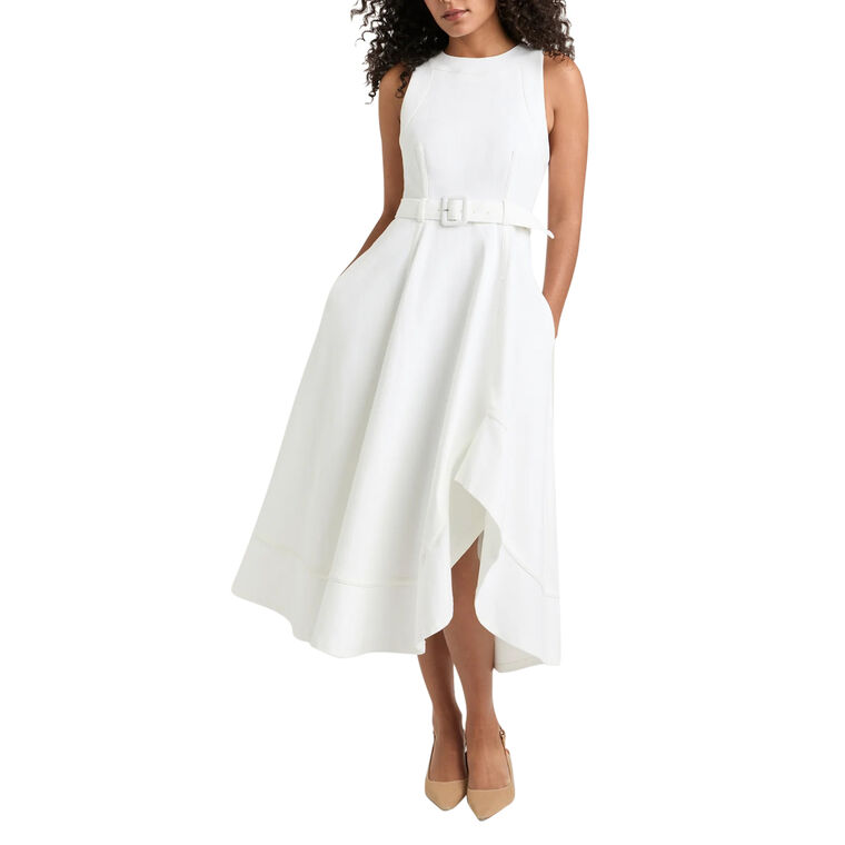 Sleeveless Belted Denim Zelda Asymmetrical Midi Dress image number null