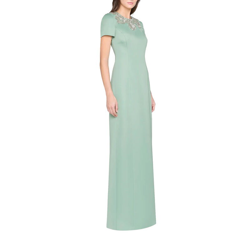 Sorelia Short Sleeve Floral Beaded Satin Column Gown image number null