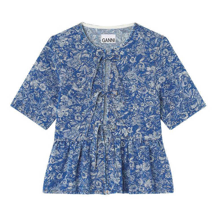 Short Sleeve Tapestry Denim Peplum Blouse image number null