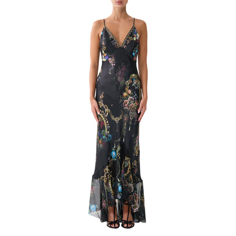 V-Neck Silk Maxi Slip Dress With Flounce Hem image number null