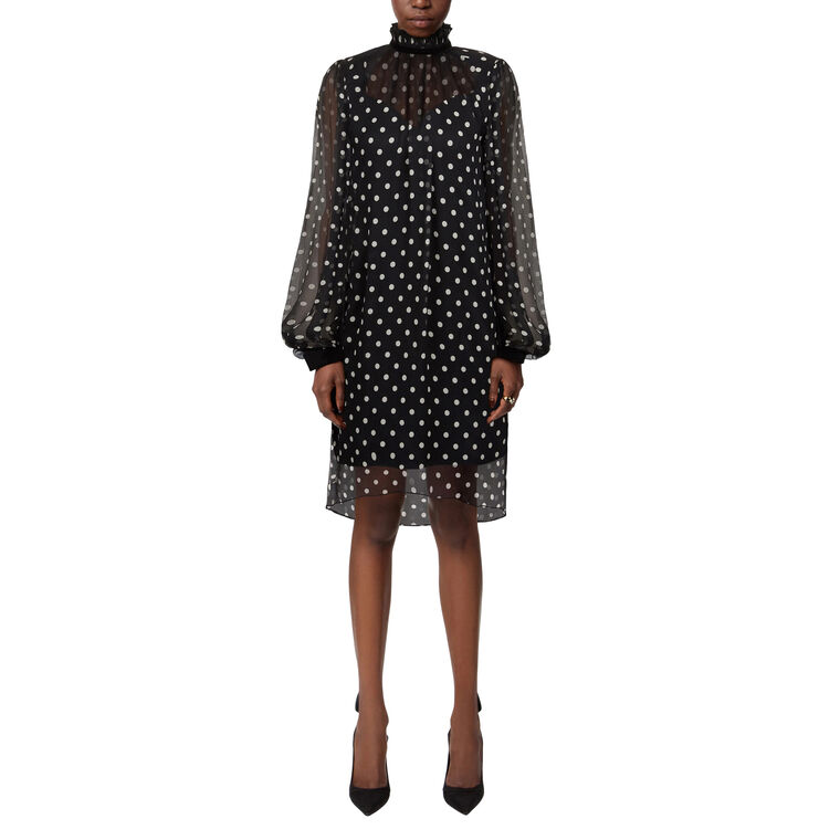 Ruffled High Neck Polka-Dot Silk Midi Dress image number null