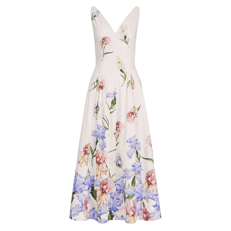 Sleeveless V-Neck Large Iris Degrade Poplin Dress image number null