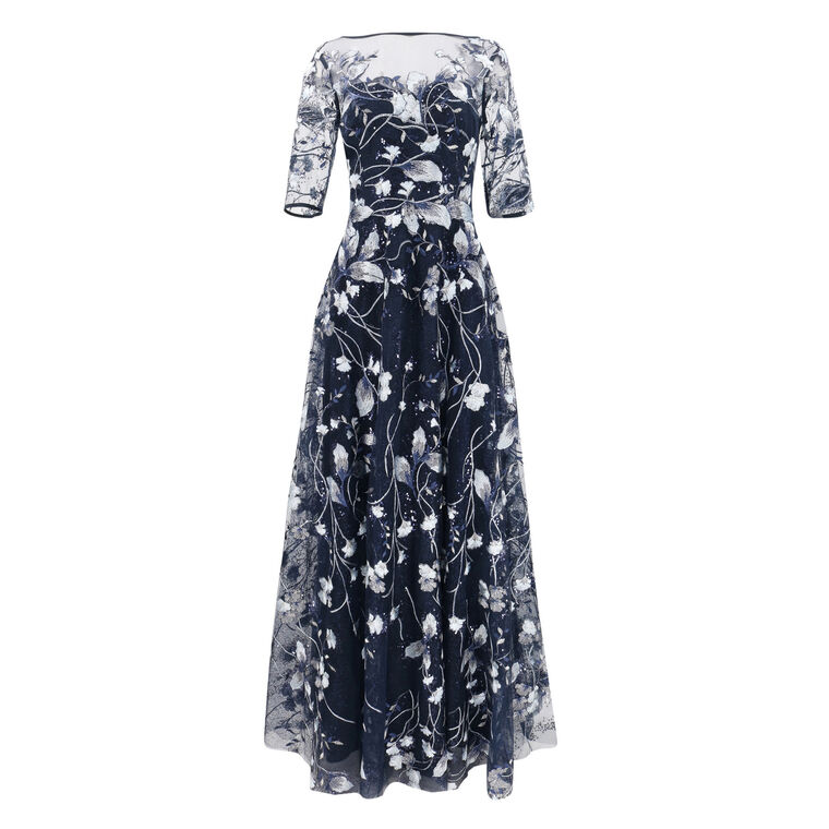 Embroidered Lace Illusion Gown With Elbow Sleeves image number null