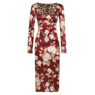 Long Sleeve Squareneck Rose-Print Midi Dress