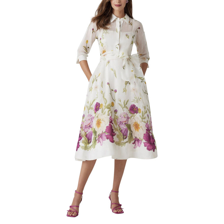 Silk-Linen Floral Border Shirtwaist Dress image number null